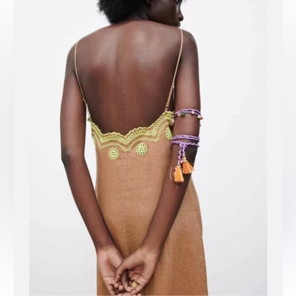 Zara Brown Linen Dress with Yellow Embroidery. Size XS - Picture 3 of 10
